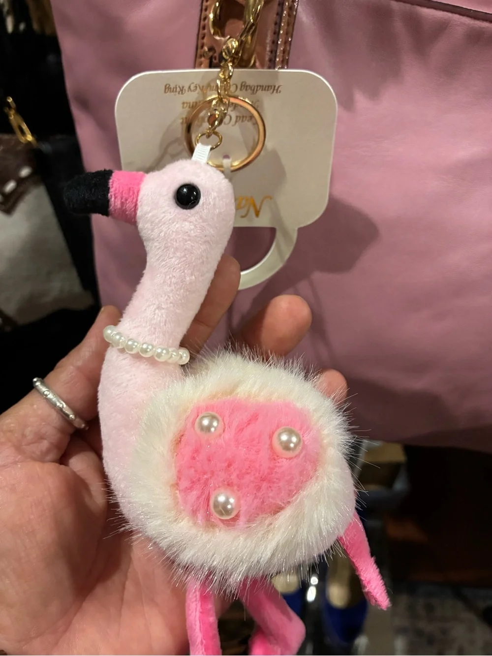 Natasha Pink Plush Flamingo Keychain with Pearl Necklace and Gold Heart